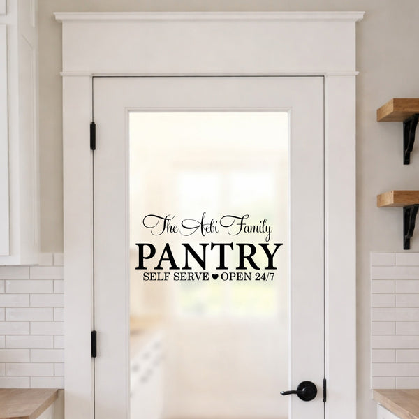 Personalized pantry door decal with custom family name on farmhouse glass door