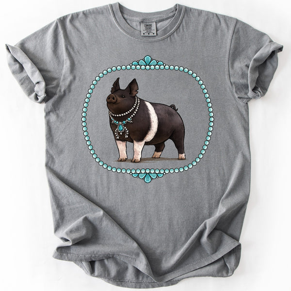 Show Life pig graphic tee with turquoise western style frame on Comfort Colors shirt