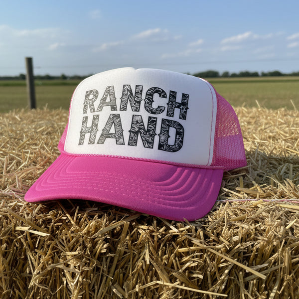 Hot Pink Ranch Hand Trucker Hat – Southern Country Foam Mesh Snapback Cap with Western Tooled Graphic Design | Rustic Cowgirl Style Hat for Women | Backroad Style Apparel