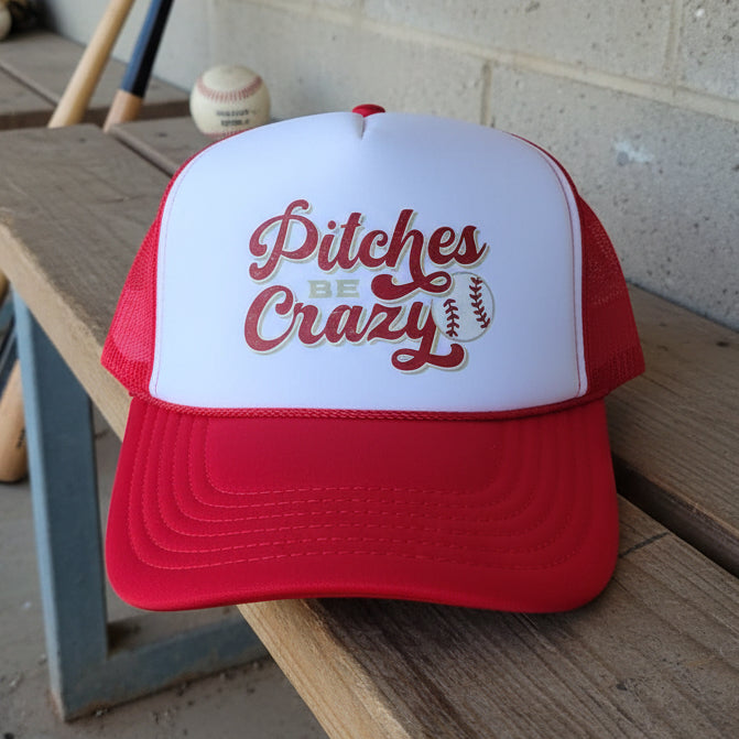 Red and white Otto foam trucker hat with distressed “Pitches Be Crazy” baseball graphic design for softball and baseball game days
