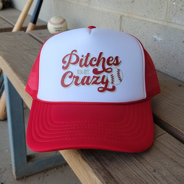 Red and white Otto foam trucker hat with distressed “Pitches Be Crazy” baseball graphic design for softball and baseball game days