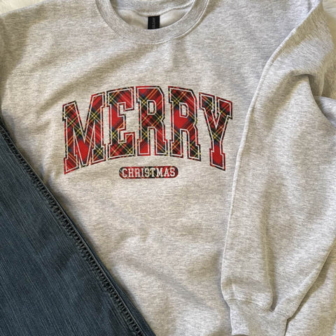 Merry Christmas plaid graphic pullover in red tartan letters on heather gray sweatshirt – The Stenciled Barn