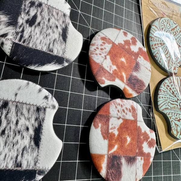 Brown Cowhide Patchwork Car Coasters Compared with Black Cowhide Western Neoprene Coaster Sets