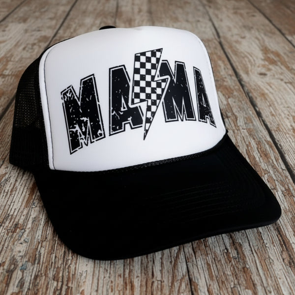 Black and white Race Mama foam trucker hat with distressed checkered lightning bolt graphic on Otto snapback trucker cap.