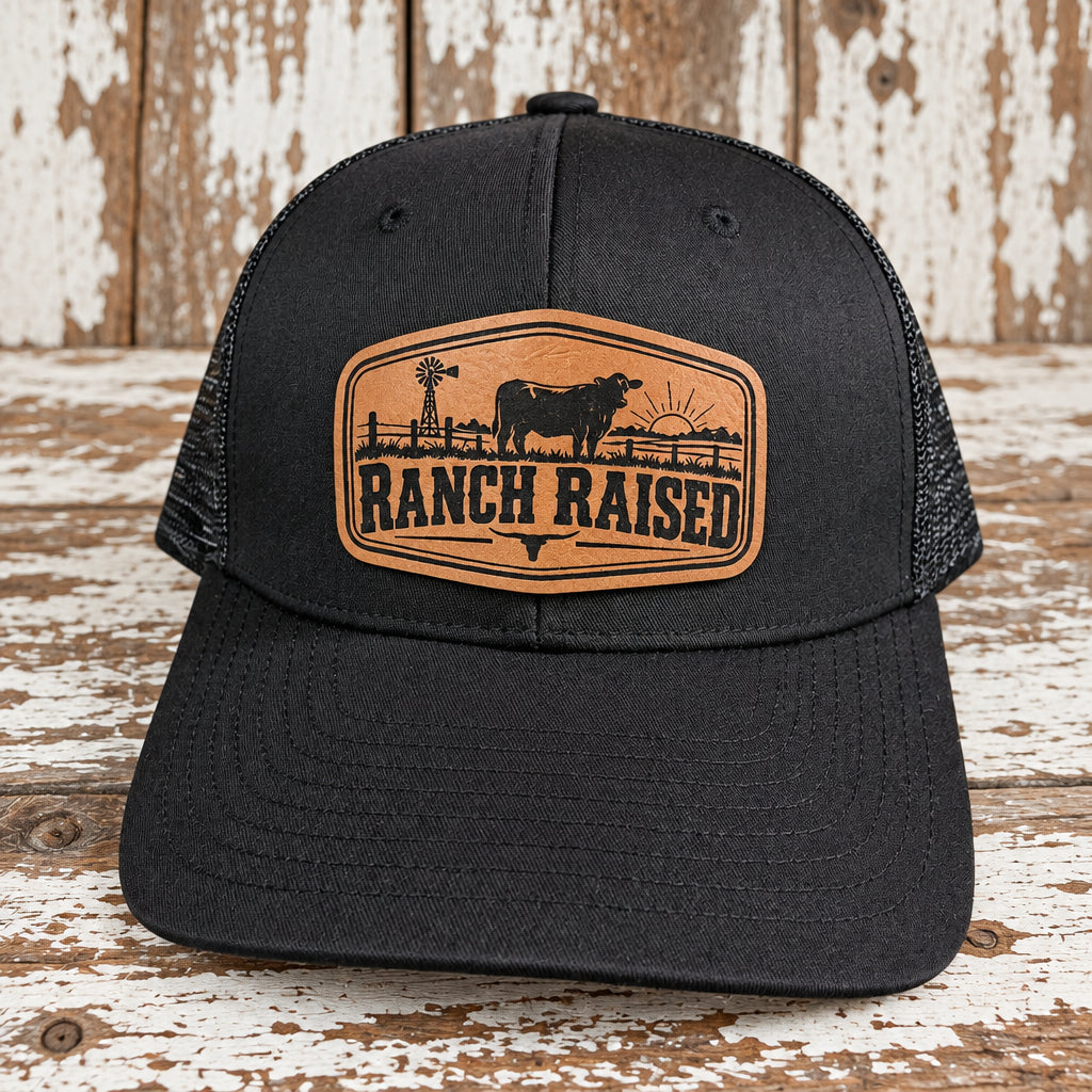 Black Richardson 112 Youth Ranch Raised trucker hat with cattle leatherette patch