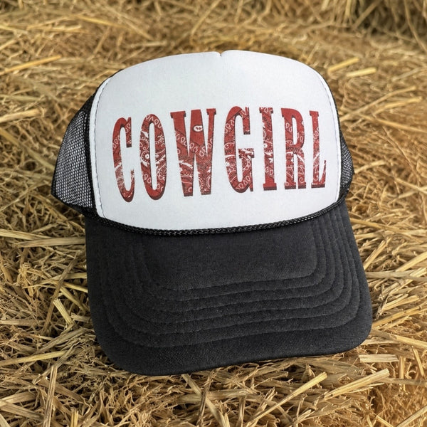 Cowgirl trucker hat with red bandana print lettering on black and white foam hat