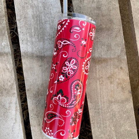 Red Bandana Tumbler | 20oz Western Paisley Stainless Steel Drinkware - The Stenciled Barn