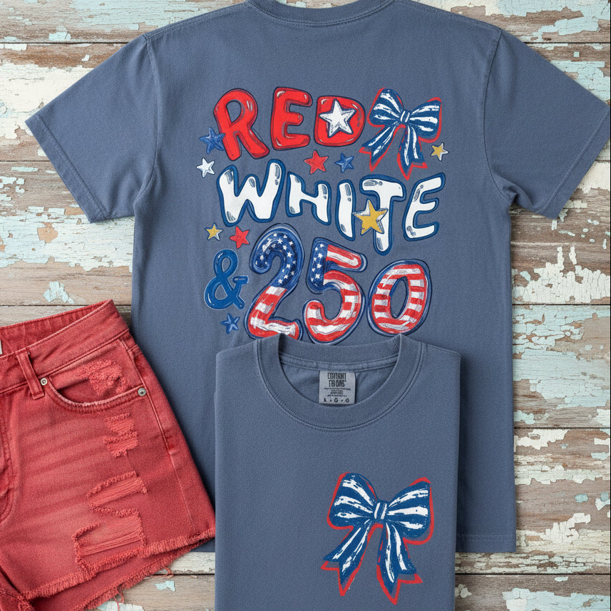 Red White & 250 patriotic graphic tee on Comfort Colors Blue Jean shirt with vintage America 250 design, patriotic bows, stars, and southern country style outfit for Fourth of July celebrations