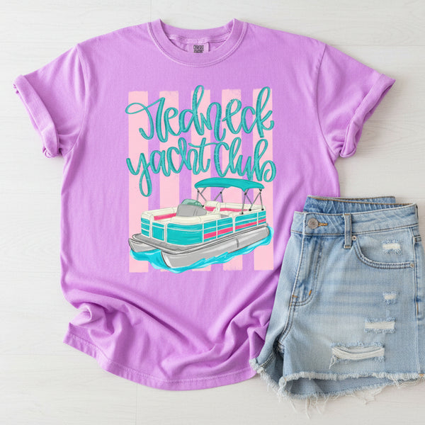 Neon violet Comfort Colors graphic tee featuring Redneck Yacht Club pontoon boat lake life design
