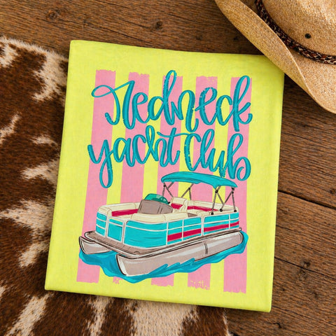 Redneck Yacht Club neon yellow Comfort Colors graphic tee with pontoon boat lake life design