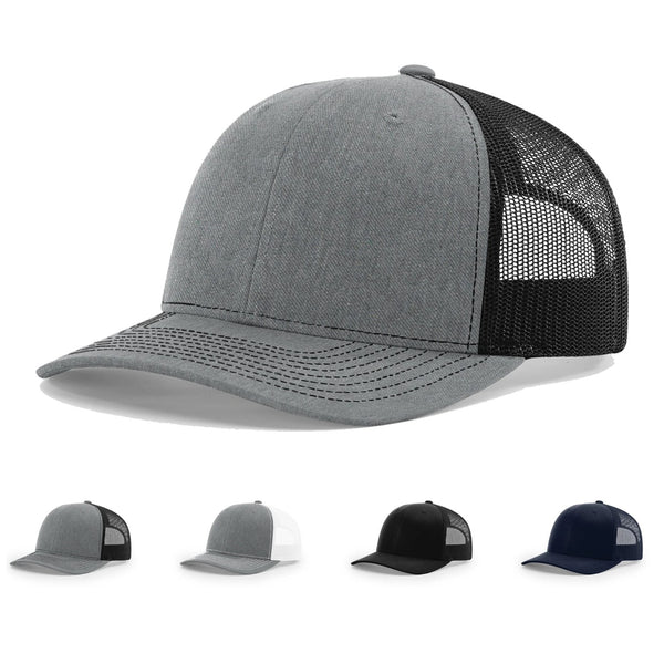 Gray and black mesh cap with smaller caps of different colors on a white background