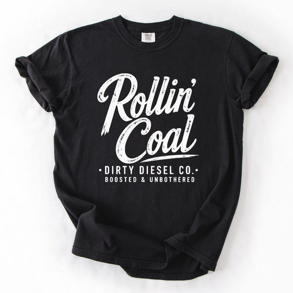 Black Comfort Colors Rollin Coal diesel truck graphic tee with distressed white print