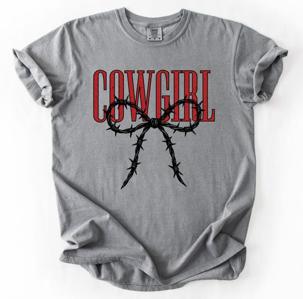 Gray t-shirt with 'Cowgirl' and barbed wire bow design on a white background