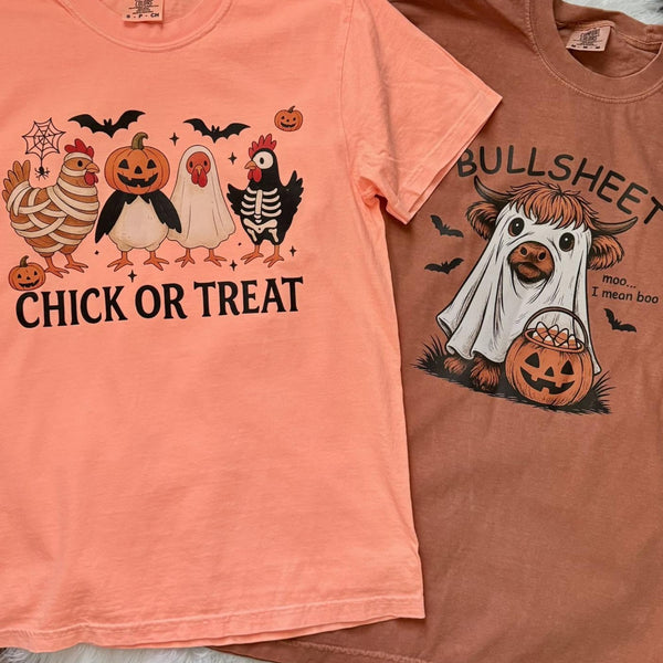 Rustic Halloween Comfort Colors graphic tees featuring Chick or Treat chicken shirt and Bullsheet Highland cow ghost shirt