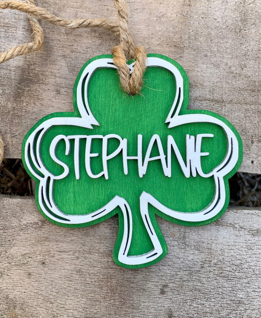 Rustic Wooden Clover | Personalized Irish Themed Name Tag Laser Cut Shamrock Hand Painted Handcrafted