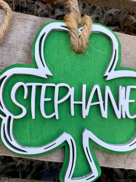 Rustic Wooden Clover | Personalized Irish Themed Name Tag Laser Cut Shamrock Hand Painted Handcrafted