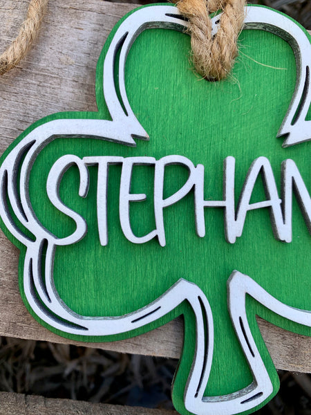 Rustic Wooden Clover | Personalized Irish Themed Name Tag Laser Cut Shamrock Hand Painted Handcrafted