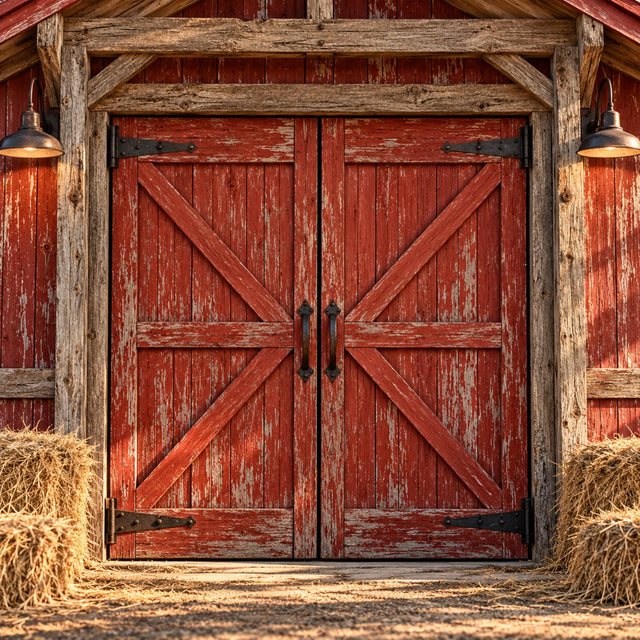 Rustic red barn doors with weathered wood and hay bales at The Stenciled Barn