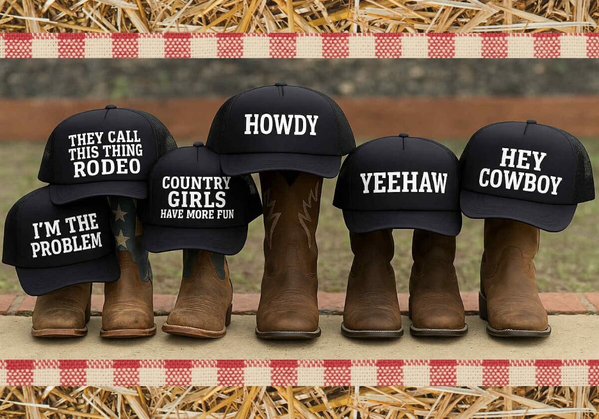 Black hats with white text placed on brown boots against a checkered tablecloth background