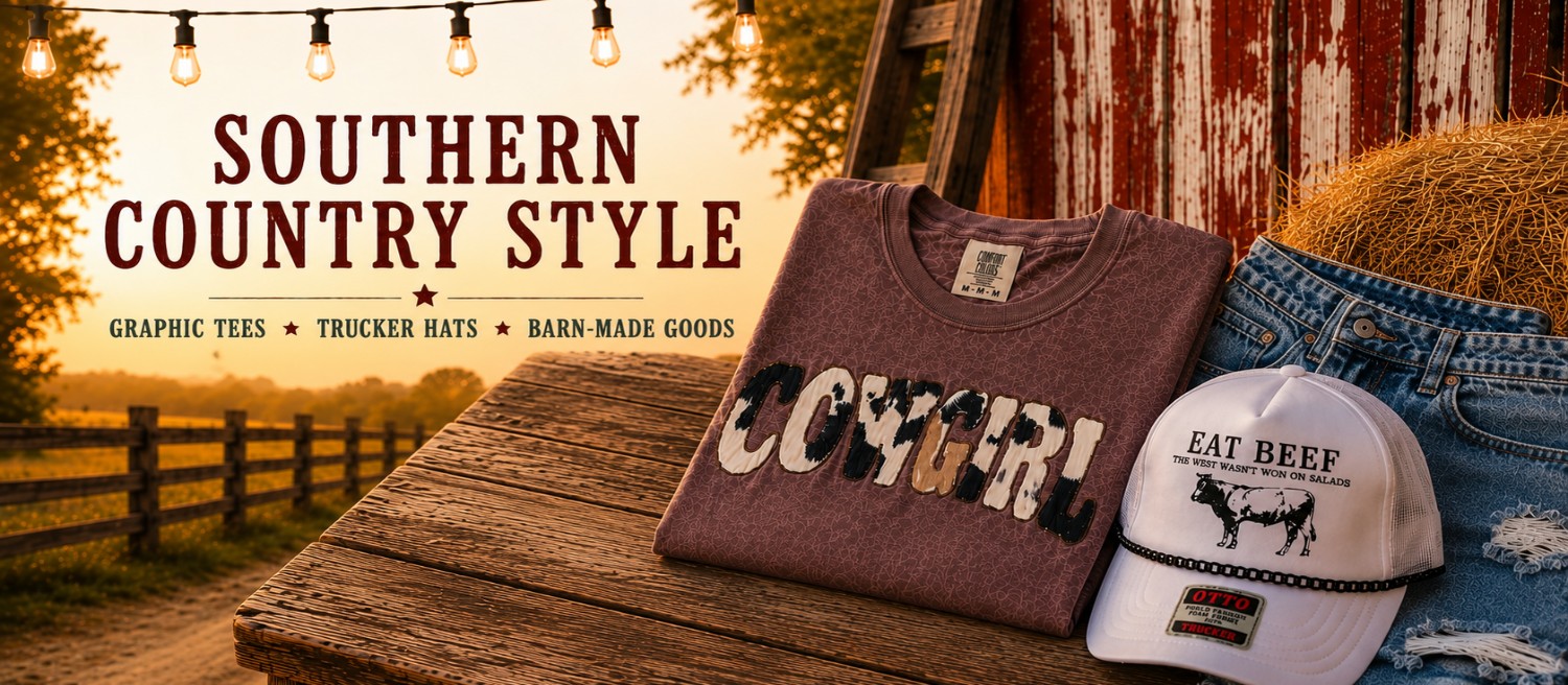 Southern country graphic tee and Eat Beef trucker hat styled by a rustic red barn and backroad.