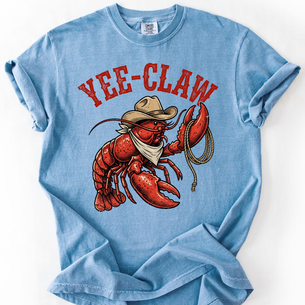 Blue t-shirt with a lobster graphic and 'YEE-CLAW' text on a white background
