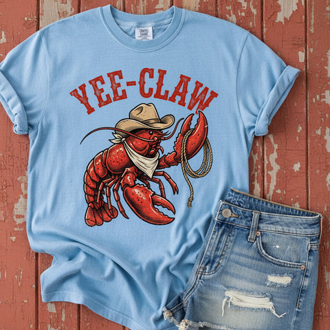 Blue t-shirt with a lobster graphic and 'YEE-CLAW' text on a white background