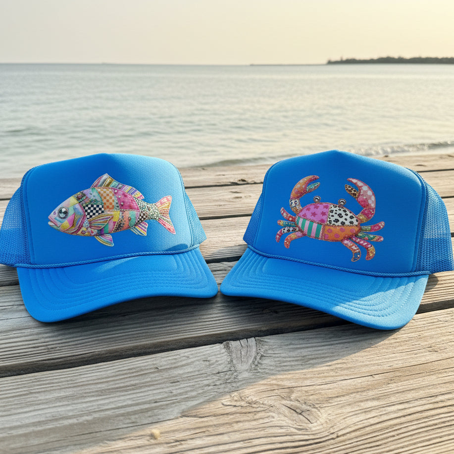 Neon blue fish and crab trucker hats with optional chain, coastal fishing summer hat, southern country style apparel