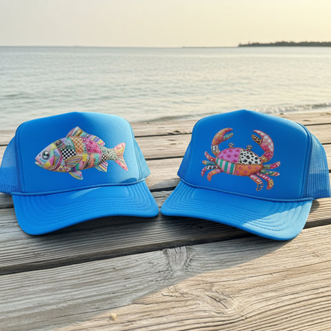 Neon blue fish and crab trucker hats with optional chain, coastal fishing summer hat, southern country style apparel