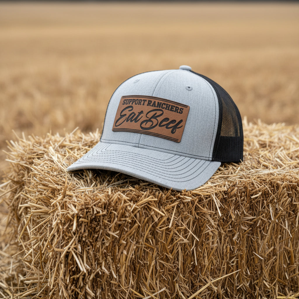 Support Ranchers Eat Beef trucker hat in gray with engraved leather patch, mesh back snapback cap sitting on a hay bale.
