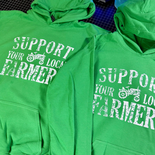 Support Your Local Farmer youth hoodie in bright green with distressed tractor farm design