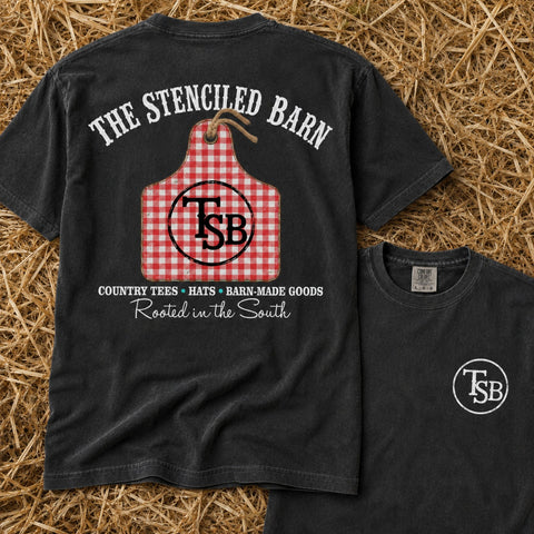 The Stenciled Barn signature Comfort Colors graphic tee with small front design and Southern country back graphic