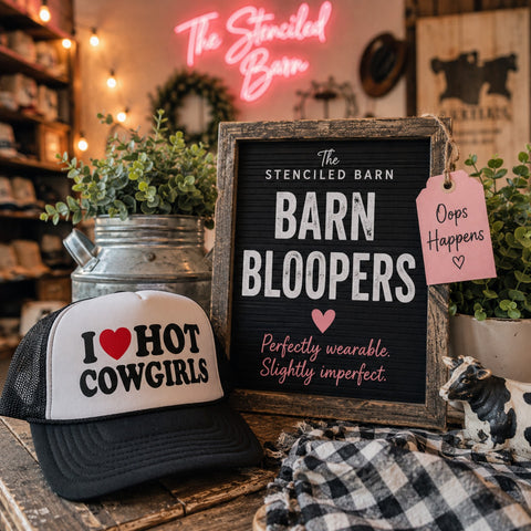 Barn Bloopers collection showcasing perfectly wearable graphic tees and trucker hats with minor imperfections at special pricing from The Stenciled Barn.