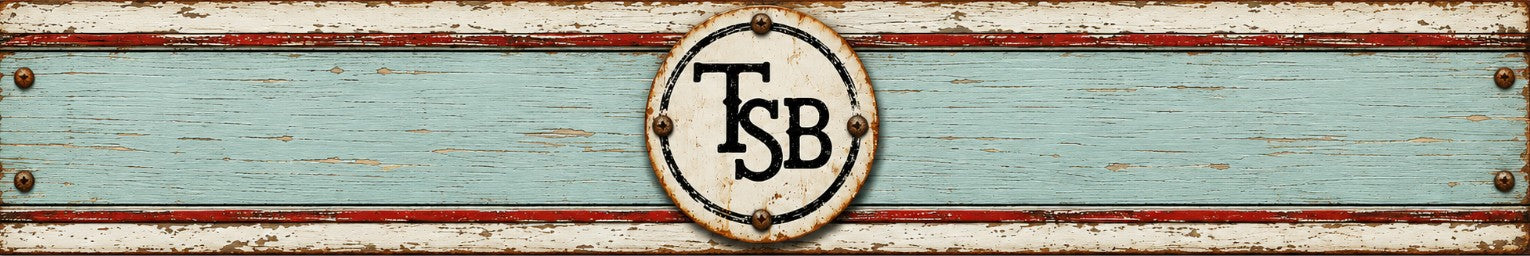 The Stenciled Barn TSB cattle brand logo on distressed antique white, barn red and light aqua rustic wood banner