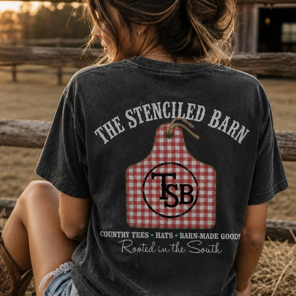 Woman wearing The Stenciled Barn Southern country graphic tee with rustic gingham cattle tag design