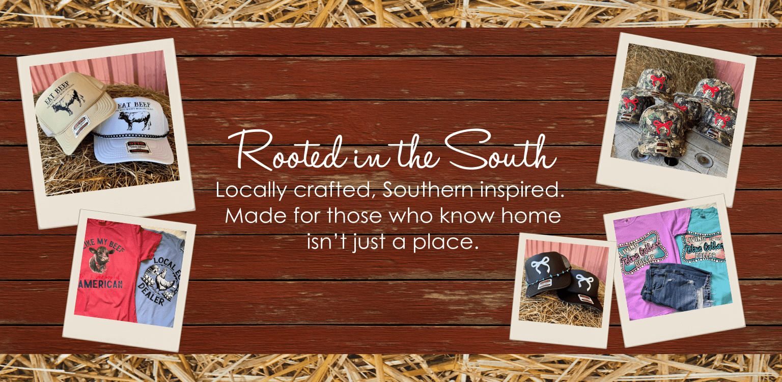 Promotional graphic for a brand with Southern-themed products on a wooden background The Stenciled Barn.