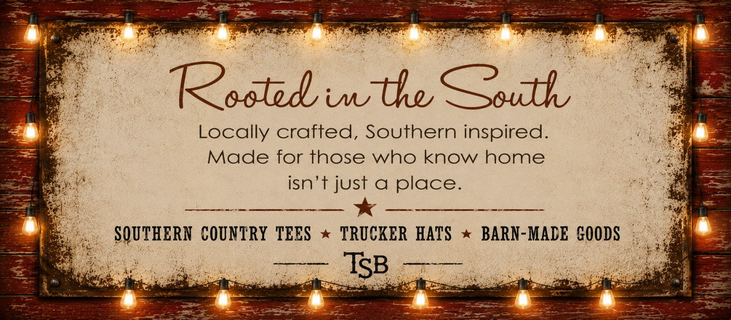 Rooted in the South rustic sign for The Stenciled Barn, featuring Southern country tees, trucker hats and barn-made goods.