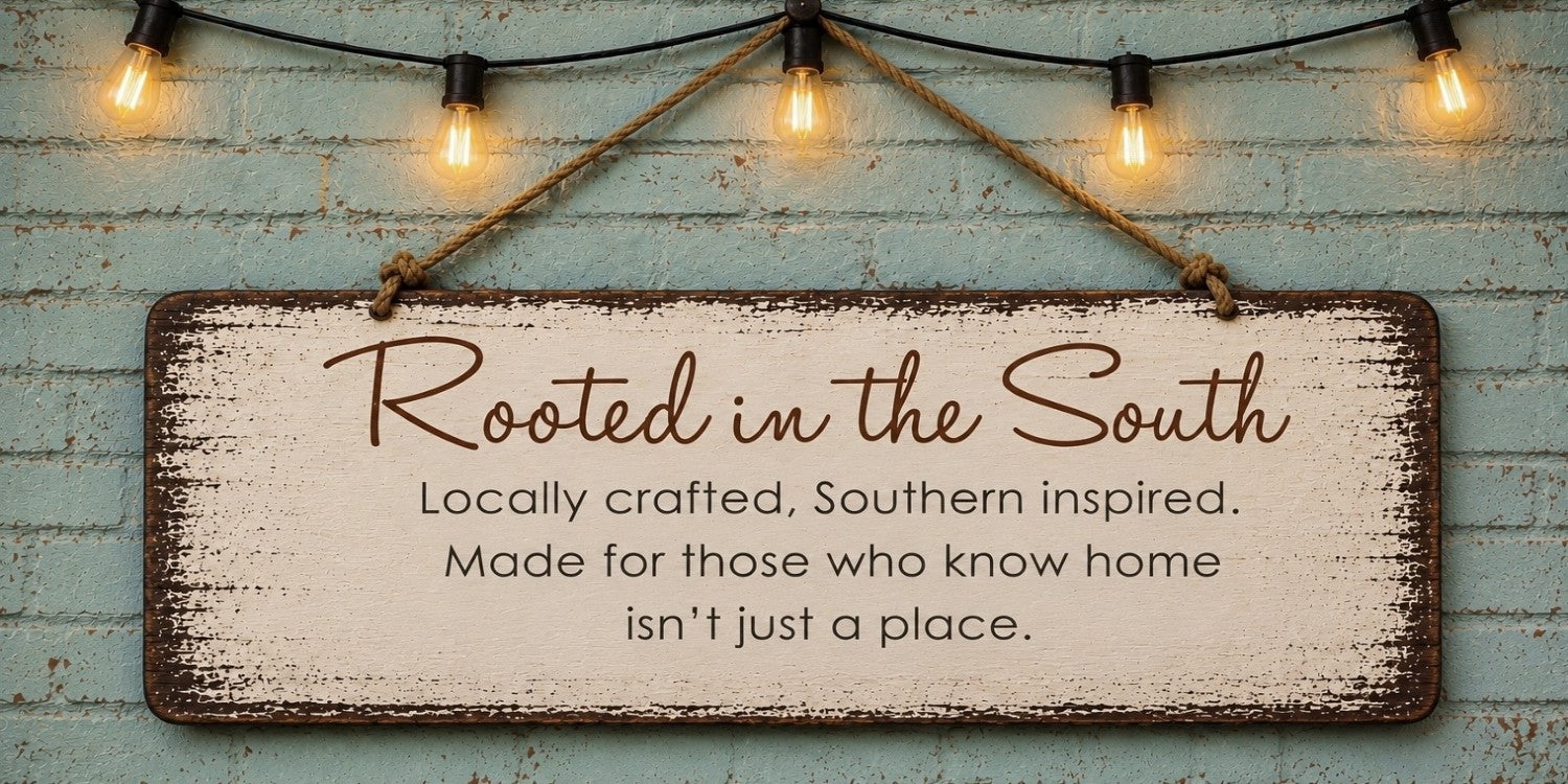 Rooted in the South rustic sign with locally crafted, Southern inspired message from The Stenciled Barn