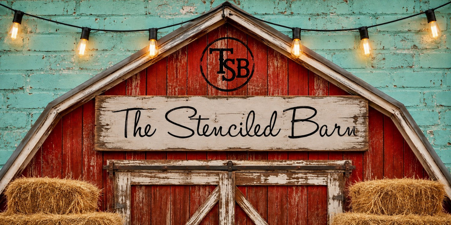 The Stenciled Barn red barn logo featuring Southern country graphic tees, trucker hats and barn-made goods.