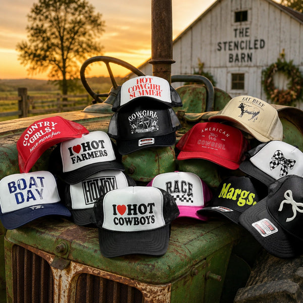 Barn Sale trucker hats featuring ready-to-ship country, cowgirl, farm, ranch, and southern-inspired hat designs from The Stenciled Barn.
