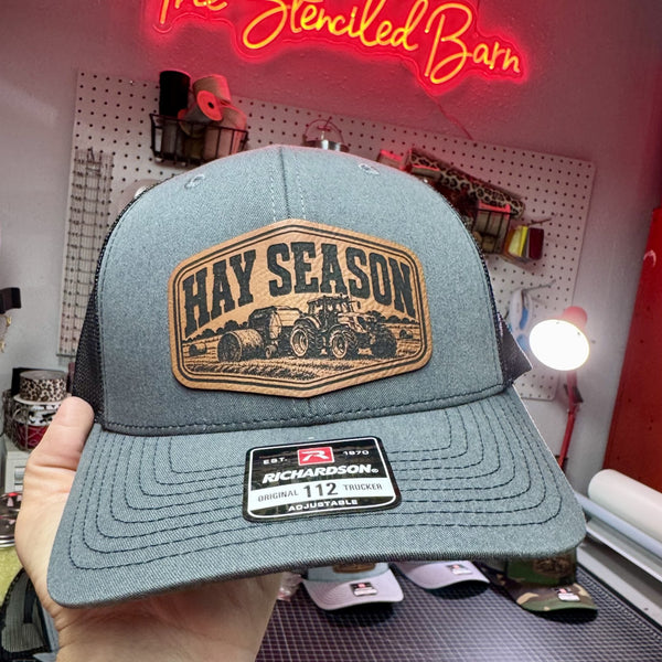 Handmade Hay Season tractor patch Richardson 112 trucker hat by The Stenciled Barn