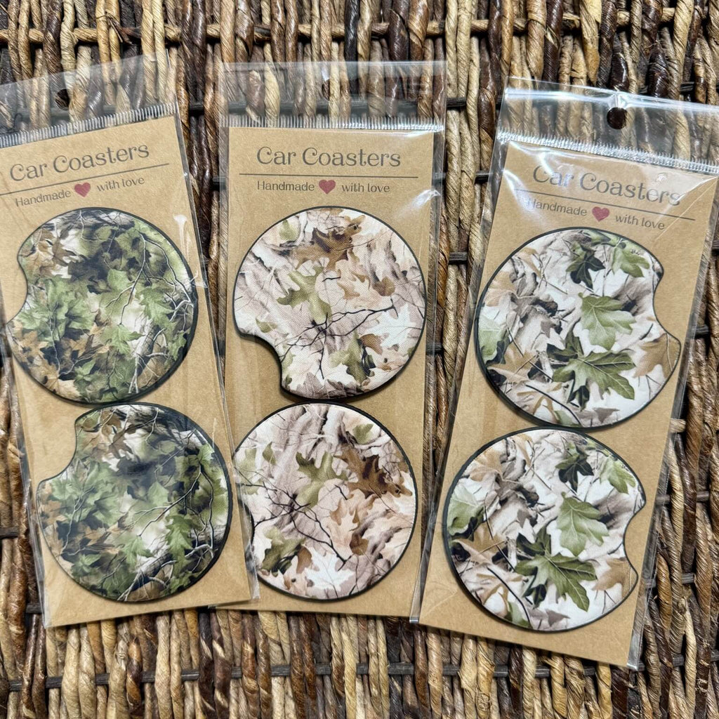 Tree camo neoprene car coasters in three styles – absorbent 2.75 inch round cup holder coasters, handmade outdoorsman gift.