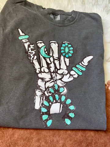Turquoise Skelly Hand Western Tee for Women Comfort Colors Pepper Short Sleeves 