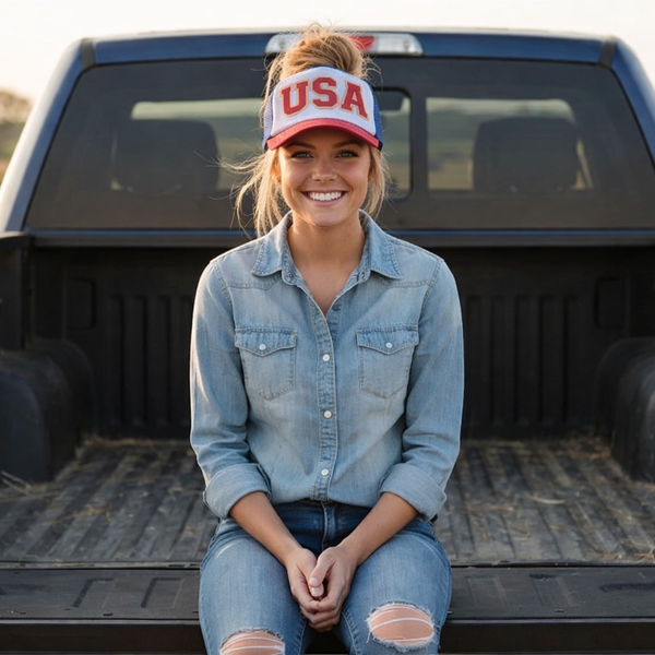 Woman wearing a 'USA' cap sitting in the bed of a pickup truck