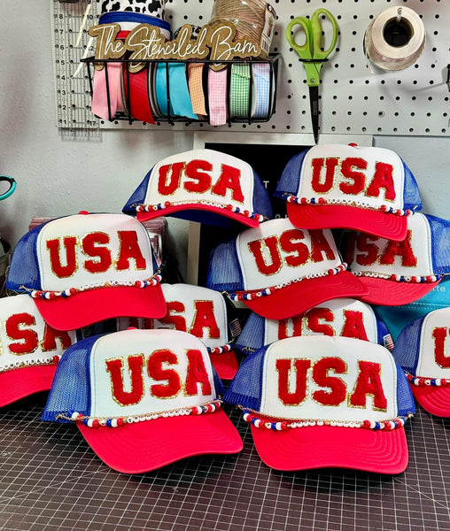 USA Trump Train Trucker Hat with Chain | Chenille Letters Red White & Blue Cap Trendy Republican Fashion for Women Fourth of July Outfit