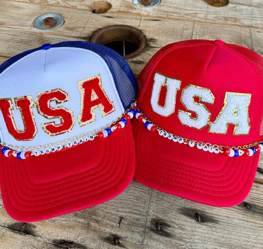 USA Trump Train Trucker Hat with Chain | Chenille Letters Red White & Blue Cap Trendy Republican Fashion for Women Fourth of July Outfit