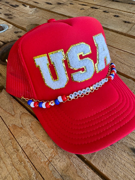 USA Trump Train Trucker Hat with Chain | Chenille Letters Red White & Blue Cap Trendy Republican Fashion for Women Fourth of July Outfit