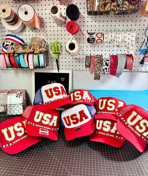 USA Trump Train Trucker Hat with Chain | Chenille Letters Red White & Blue Cap Trendy Republican Fashion for Women Fourth of July Outfit