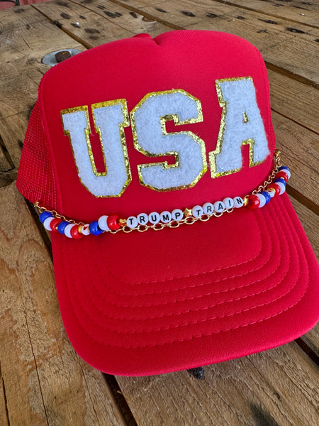 USA Trump Train Trucker Hat with Chain | Chenille Letters Red White & Blue Cap Trendy Republican Fashion for Women Fourth of July Outfit