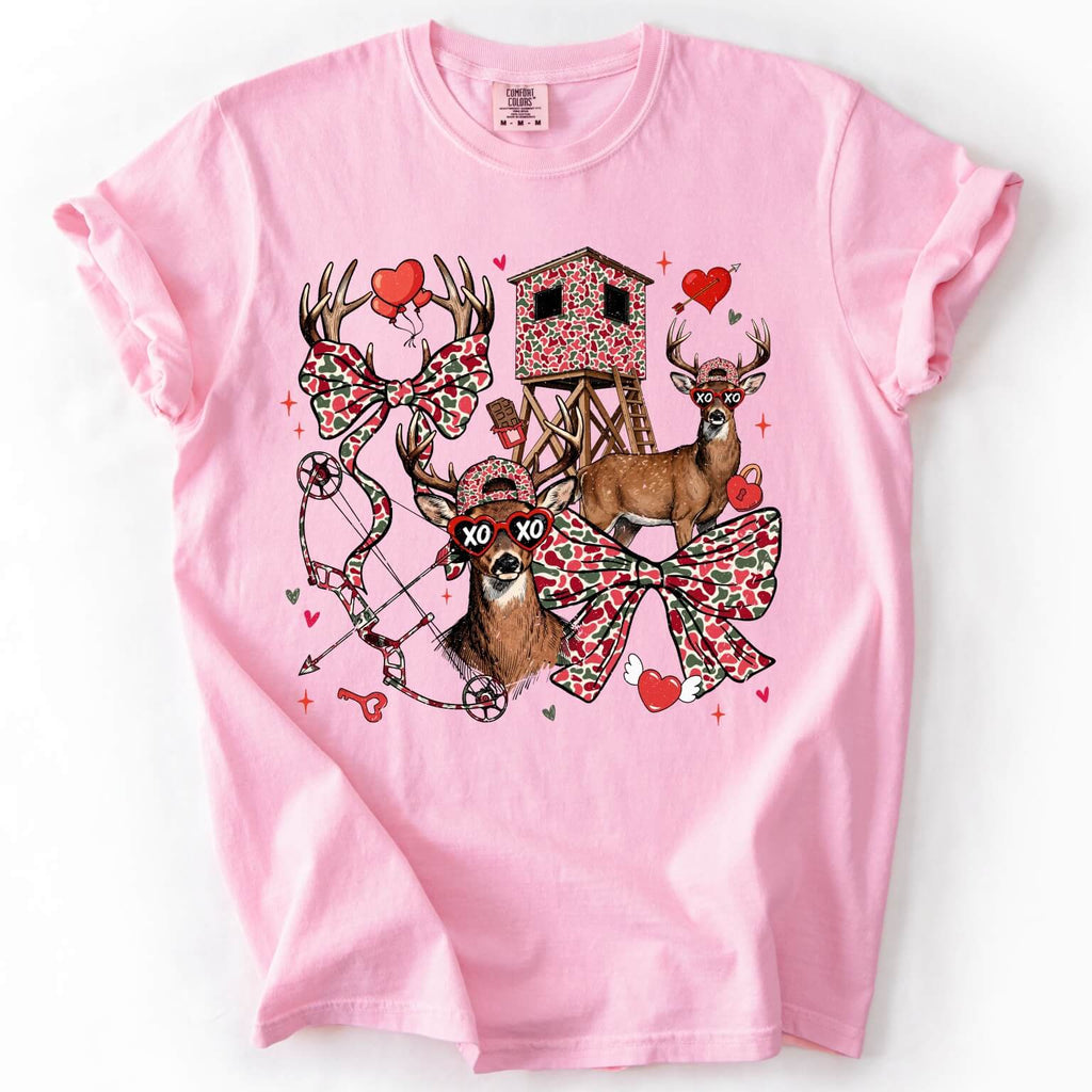 Coquette Valentine buck graphic tee in pink with retro camo deer hunting design