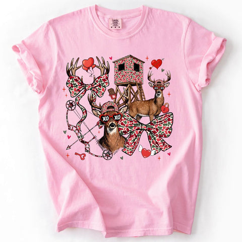 Coquette Valentine buck graphic tee in pink with retro camo deer hunting design